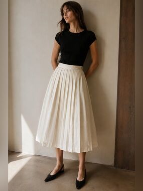 Vintage PORTS International Ivory Cotton Pleated Midi Skirt, Size 12